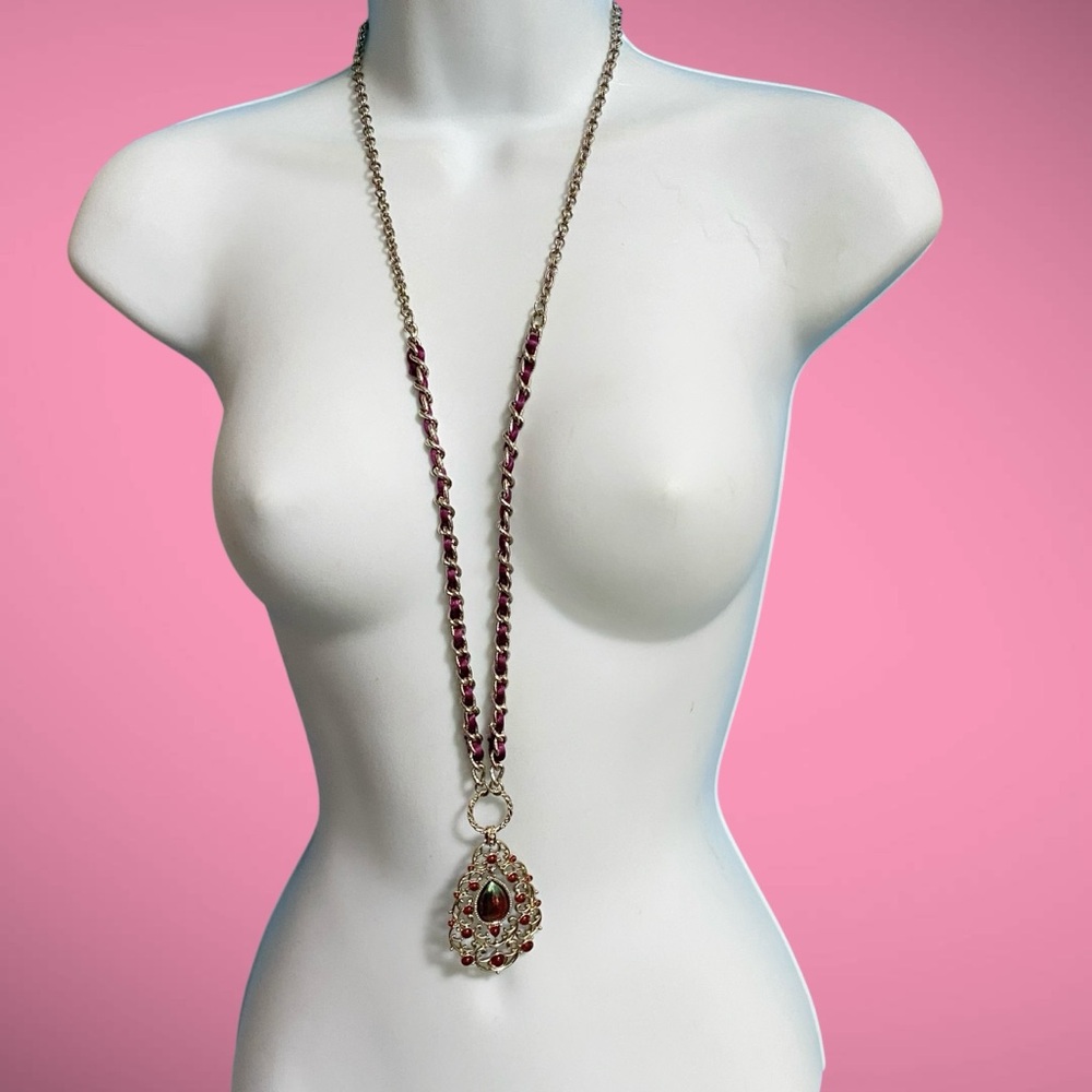2028 Necklace Silver Tone Filigree Chain Purple Ribbon Long Necklace